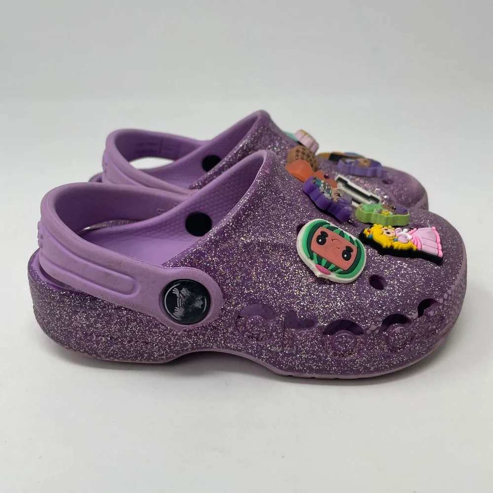 Crocs Classic Clog Purple Glitter Sparkle Kids C9 Charms Jibbitz Fairy Mermaid